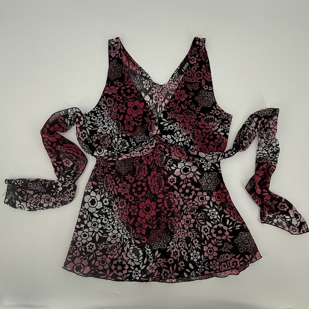 Y2K A. Byer Babydoll Top Sleeveless Large Sheer Dark Floral Whimsigoth Romantic